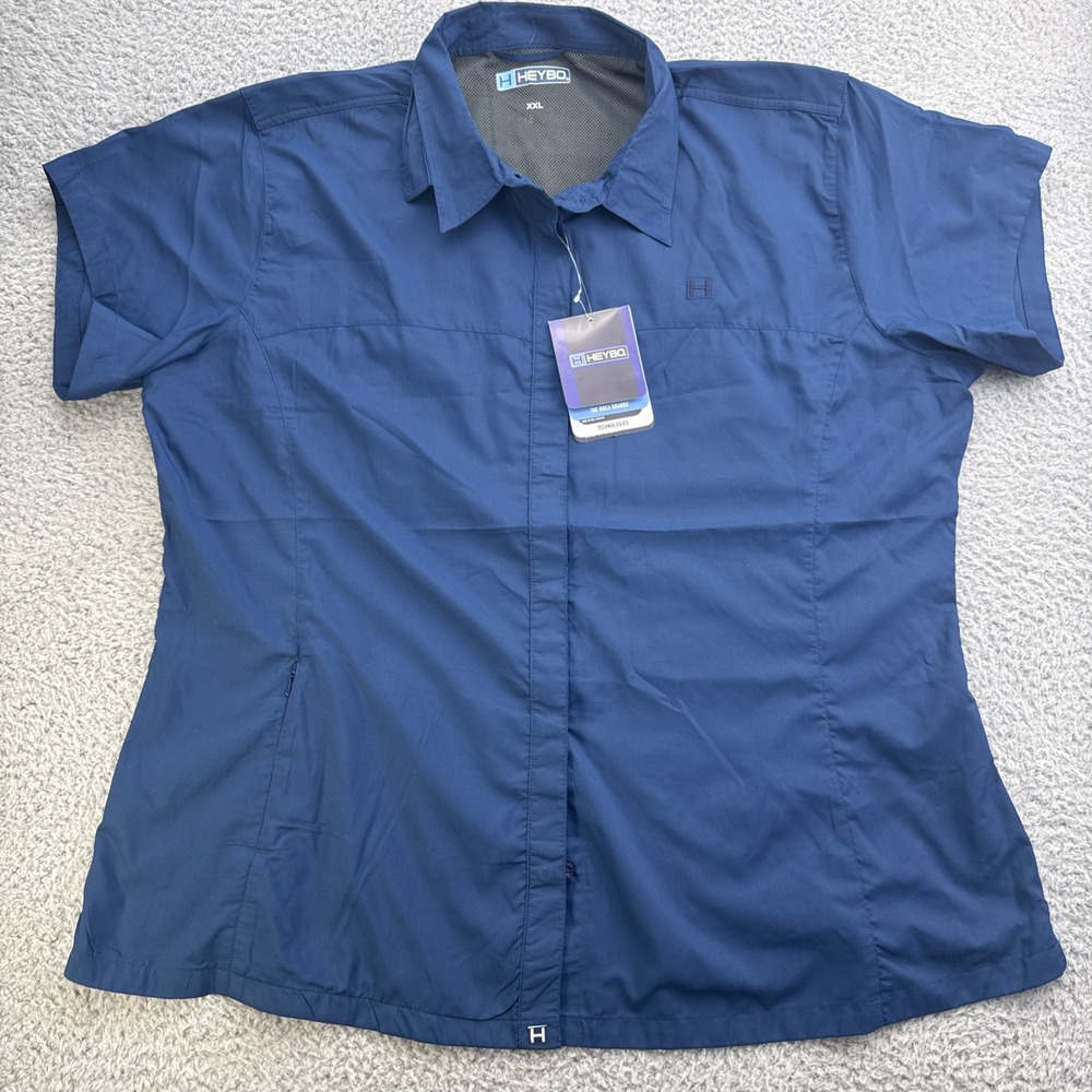 HEYBO Fishing Shirt LADIES XXL 2XL Boca Grande Navy Short Sleeve Button Up